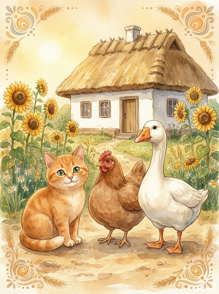 Обкладинка казки «Чому гуси миються у воді, коти на печі, а кури порпаються в поросі»