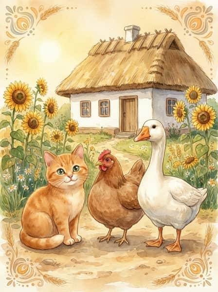 Обкладинка казки «Чому гуси миються у воді, коти на печі, а кури порпаються в поросі»